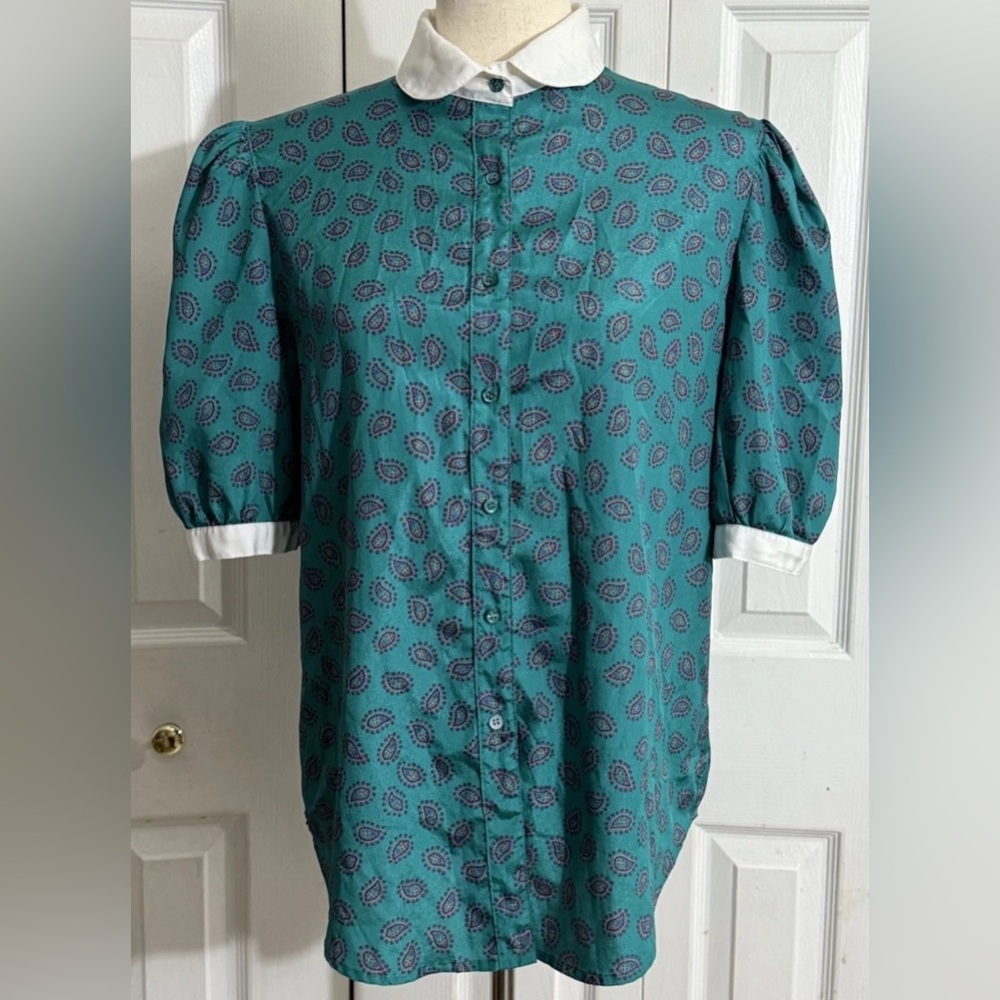 The Villager Vintage Button Paisley Blouse Top Size 16 Puff Sleeve Collar